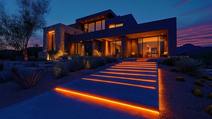 Obraz premium Modern desert home at dusk, illuminated pathways