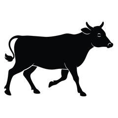 Black Cow Silhouette Walking Isolated On White Background Farm Animal Illustration.
