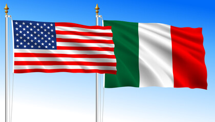 United States vs Italy, waving flags on a sky blue background, vector illustration