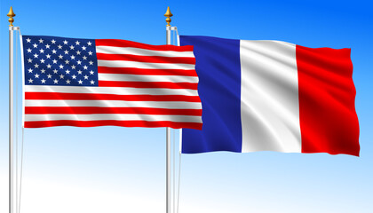 United States vs France, waving flags on a sky blue background, vector illustration