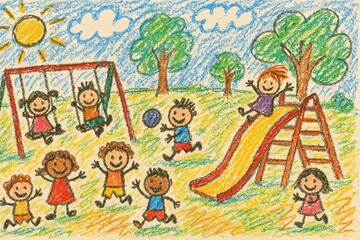 children's drawing of happy kids playing in a sunny park  