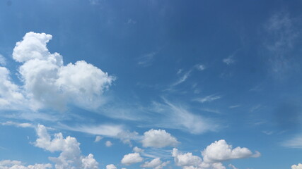 Clear blue sky with soft white cloud patterns. Perfect for weather concepts, serene backgrounds, or nature-themed designs