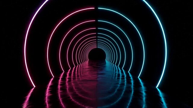 Abstract multi color neon lit path with the black void of space as the background, purple and blue light reflections on the shiny path