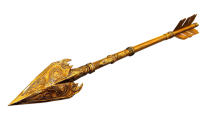 Isolated golden decorative arrow spear, ornate vintage design element. Metallic weapon studio shot on transparent background. Luxurious decor with ancient stylish spear