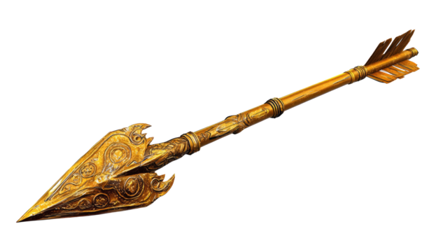 Isolated golden decorative arrow spear, ornate vintage design element. Metallic weapon studio shot on transparent background. Luxurious decor with ancient stylish spear