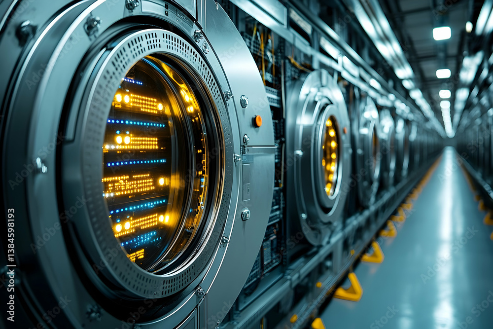 Poster futuristic data server rows in a long technological processing corridor