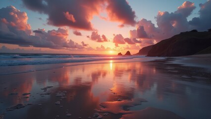 Fototapeta premium Empty beach at sunset with colorful clouds reflecting on wet sand and gentle ocean waves 