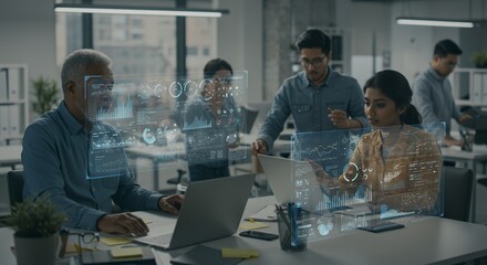 Modern Business Team Collaboration Using Futuristic Technology Interfaces for Data Analysis and Project Management