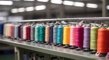Colorful Threads on Industrial Sewing Machine in Factory Production Line.generative.ai