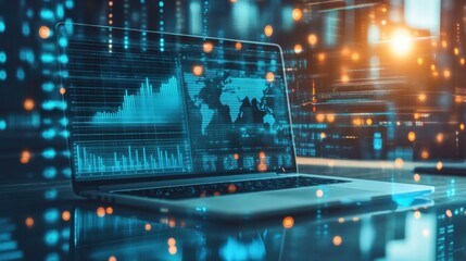 Fototapeta premium Professional workspace showcasing a laptop with business analytics dashboard and digital charts for online education and modern business strategies