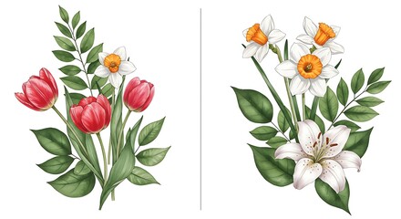 Flowers and leaves digital illustration, watercolor hand painting