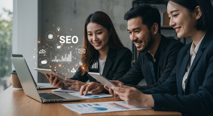 Collaborative SEO Team Analyzing Data on Laptops and Tablets for Digital Marketing Success