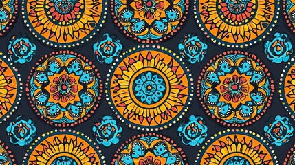 Obraz premium Vibrant Mandala Pattern: Seamless Ethnic Floral Design, Colorful Background Texture