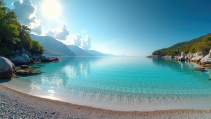 Fototapeta premium Empty pebble beach with turquoise water and mountains under bright blue sky 