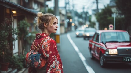 Fototapeta premium 夜のネオン街を着物で歩く外国人観光客 和服姿の女性モデルと日本の文化背景 街の灯りと着物の美しさを捉えたリアルな写真素材 旅行広告や観光ガイド向け