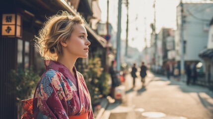 Fototapeta premium 伝統衣装を纏った外国人女性が日本の住宅街を歩く街角スナップ 和装観光 高画質リアル写真素材 日常と非日常が交錯する旅の風景