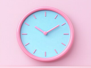 Remote Work Culture Concept, Pastel clock with pink frame and blue face on a light background.
