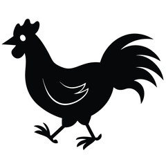 Stylized Black Silhouette Of A Walking Cartoon Rooster On A White Background.