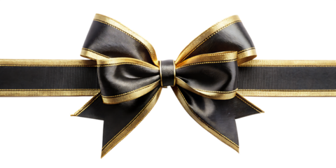 Black ribbon with gold bow isolated on white, ideal for gift wrap, celebration or luxury branding themes.