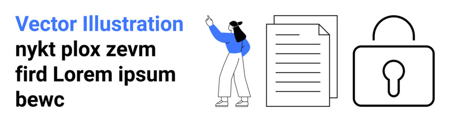 Person pointing at documents beside a lock icon representing data protection, privacy, and secure communication. Ideal for cybersecurity, privacy policies, legal compliance, data storage, digital