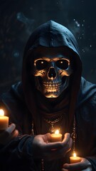 A hooded sorcerer with a grim expression holds two candles, directing spectral energy into a glowing skull amidst glowing orbs. 