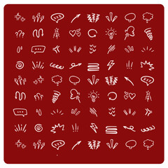 Naklejka premium Cute doodle elements set. Hand drawn collection of stars, hearts, arrows, scribbles, speech bubbles, flowers on red background