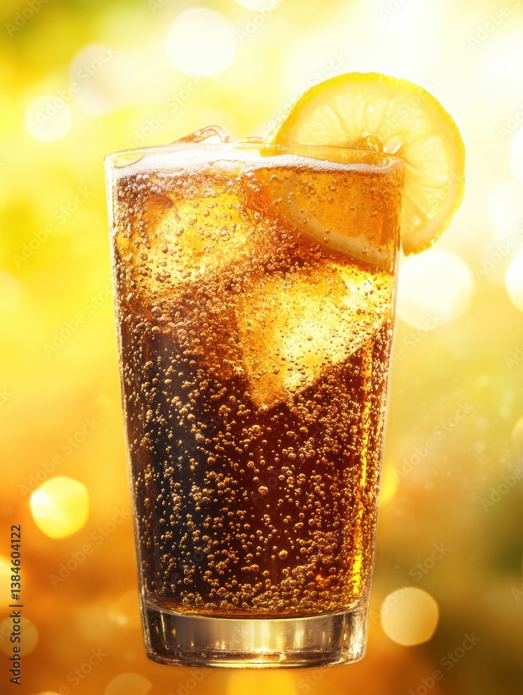 Poster refreshing ice-cold soda with lemon slices and fizzy bubbles against a bright background for a perfe