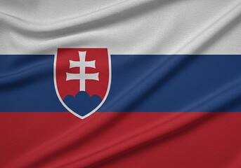 Slovakia Flag on Fabric National Symbol of Slovak Republic, Waving Flag with Cross Symbol.