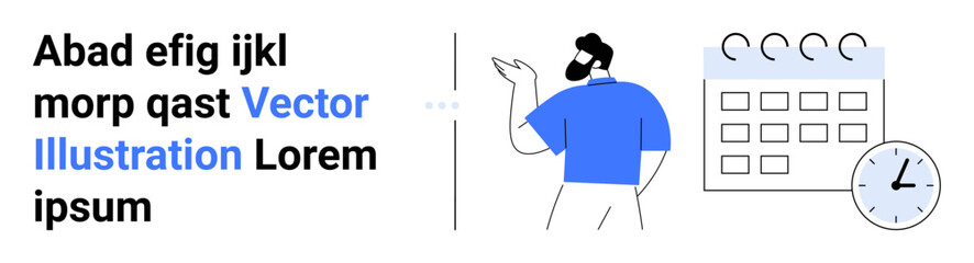 Man gesturing near wall calendar and clock, signifying time management and planning. Ideal for scheduling, organization, time tracking, business planning, productivity tips, meetings, simple landing