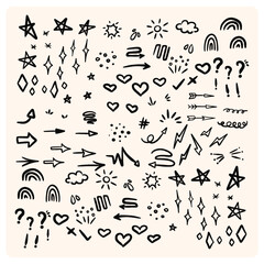 Hand drawn set elements with doodle style drawing