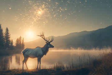 Obraz premium A Majestic Elk Standing Beside a Misty Lake Under the Stars