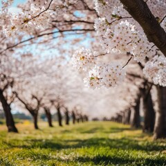 Fototapeta premium Blossoming Cherry Trees Creating a Serene Pathway in Springtime