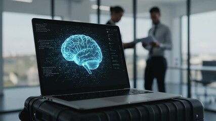 AI digital brain on a laptop screen as two men talk in the office background and share notes - Powered by Adobe