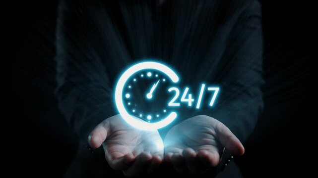 A captivating image featuring hands holding a vibrant 24 hour time symbol illuminated by digital icons, highlighting the essence of constant communication and availability in modern business. Qubit