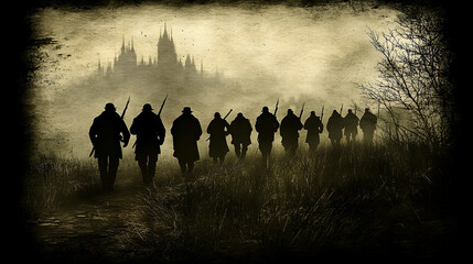 An ominous silhouette of soldiers marching toward a dark fortress