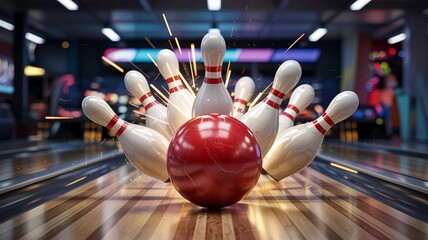 Bowling pins scattering after a strike, showcasing vibrant sparks and the polished wooden lanes.