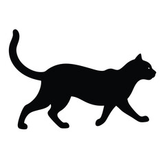 Walking Black Cat Silhouette Isolated On White Background For Design Elements.