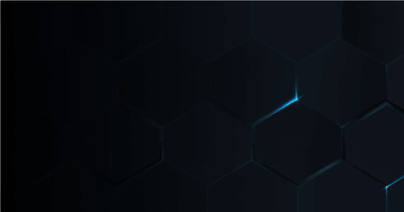 A vector illustration of a dark, horizontal banner-style background. The majority of the space is filled with a pattern of dark gray or black interlocking hexagons, outlined with thin gray lines. 