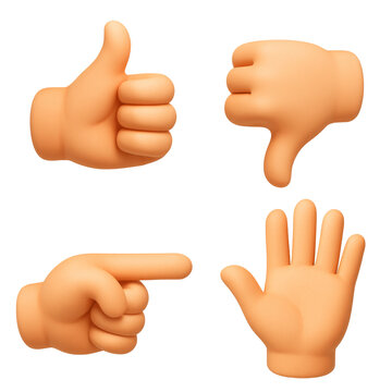 Hand gestures in three-dimensional design showing thumbs up, thumbs down, pointing finger, and open hand in a transparent background for digital use