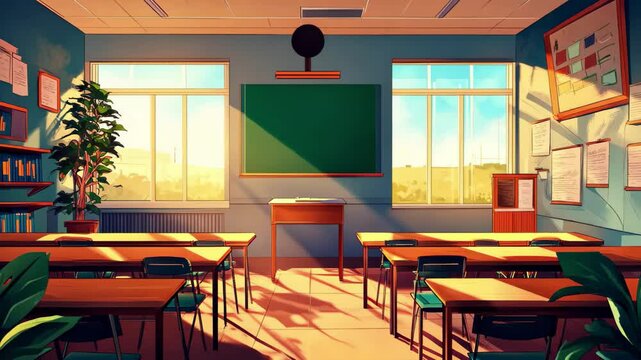 Morning sunlight fills a calm classroom with vibrant energy before classes start, class atmosphere in the morning, seamless ing video background, cartoon anime style