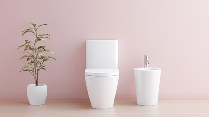 Contemporary Bathroom Design Featuring Modern White Toilet Bidet and Green Plant Against Pink Wall