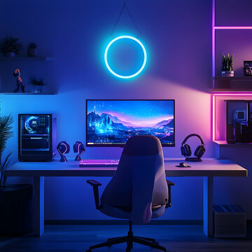 A futuristic gaming setup bathed in vibrant neon glows, featuring a sleek computer, comfortable gaming chair, and a captivating circular light, creating an immersive and electrifying atmosphere.
