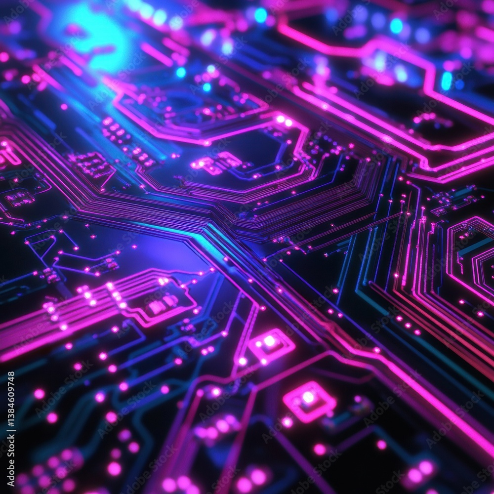 Aufkleber neon electronic circuit board pattern with futuristic lighting showcasing deep tech aesthetic