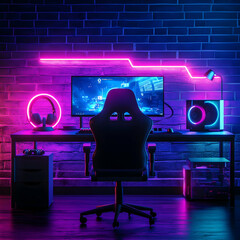 The gamer's sanctuary bathed in vibrant neon glow, a black gaming chair awaits the next epic quest in a futuristic, tech-infused battle station.