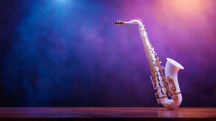 Naklejka premium Illuminated Saxophone on a Wooden Surface with Colorful Smoky Background Creating a Musical Atmosphere