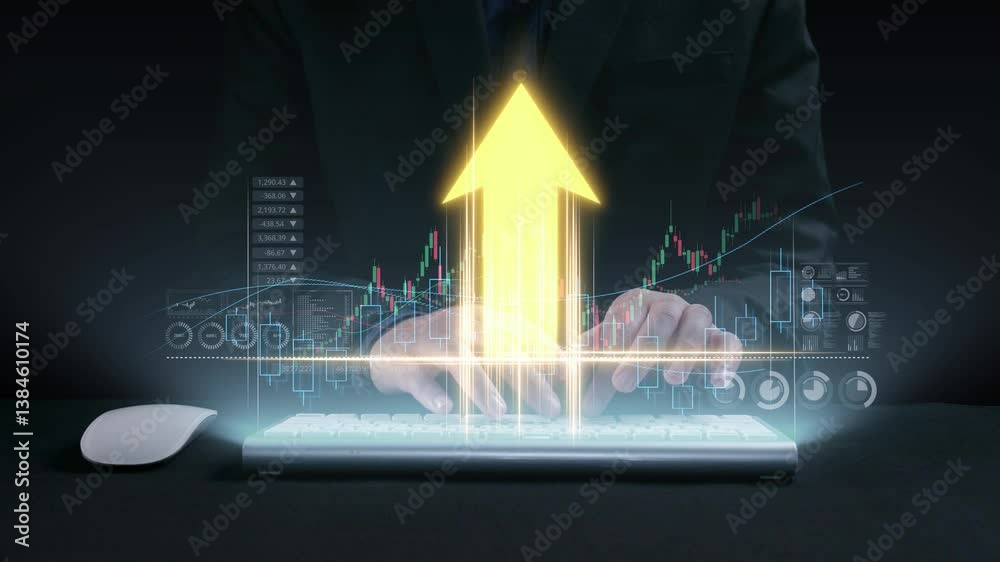 Poster an image depicting hands typing on a keyboard with a glowing chart and an upward arrow, illustrating