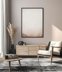 Modern minimalist living room with warm tones and a neutral color palette.  A framed artwork, light-colored wooden furniture, and a cozy chair add to the peaceful ambiance