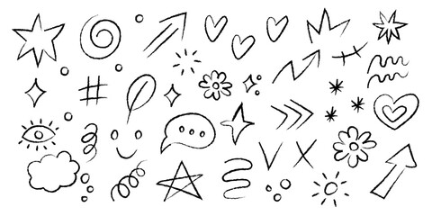 Hand drawn chalk doodle collection showcasing various fun shapes and symbols on a white background