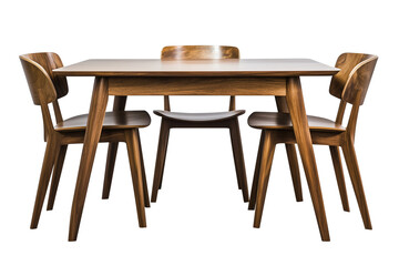 Set of modern wooden table with chairs isolated on a transparent or white background, cut-out, PNG