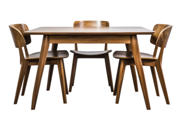 Set of modern wooden table with chairs isolated on a transparent or white background, cut-out, PNG